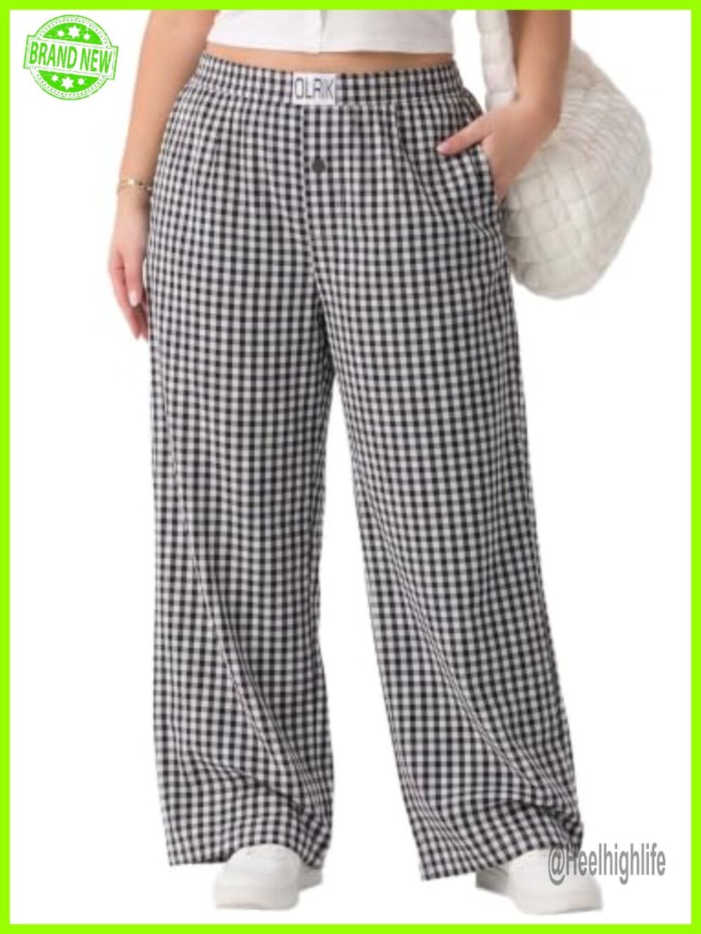OLRIK Womens Plus Size Wide Leg Casual Pants Gingham Striped Trousers